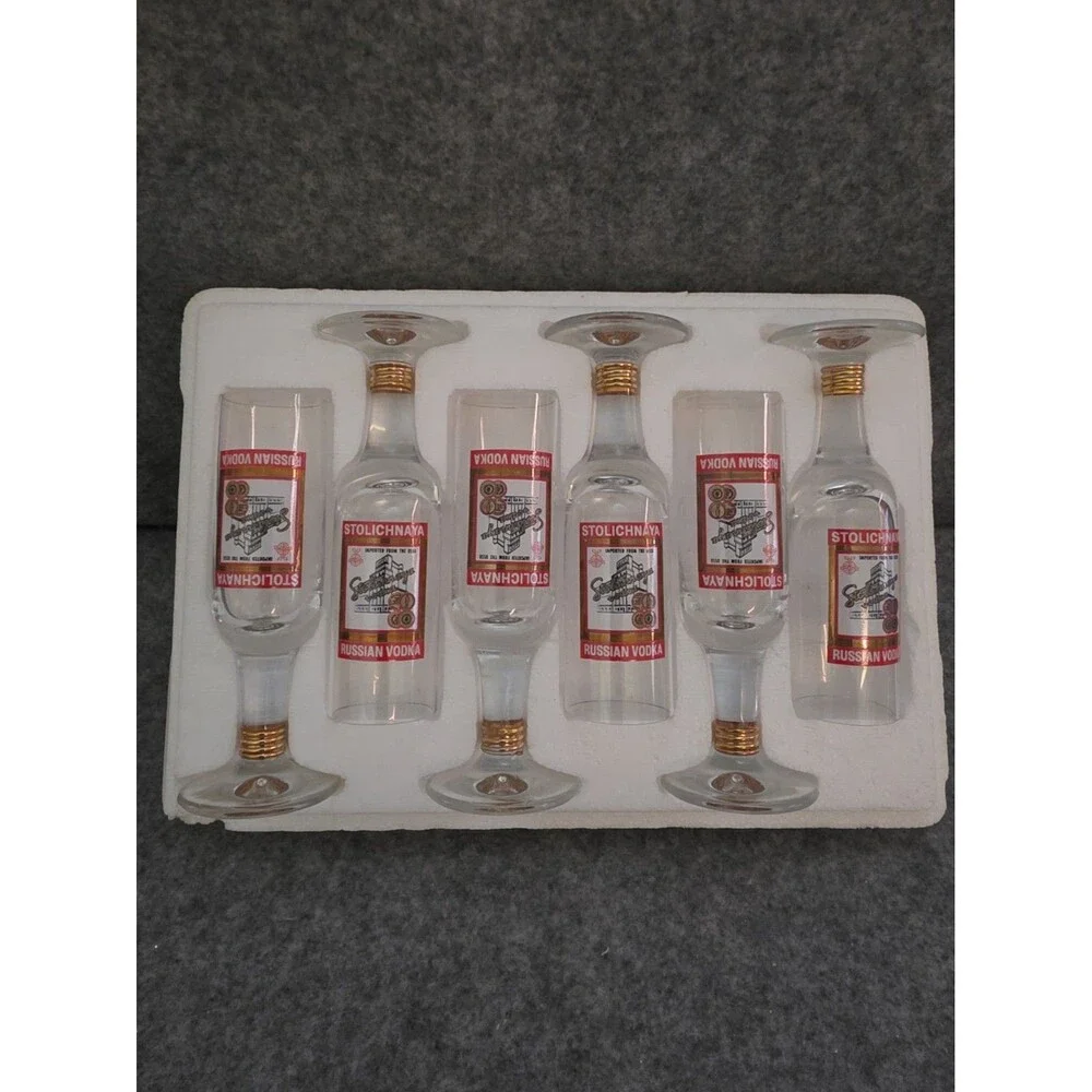 Set Of 6 Stoli Stolichnaya Russian Vodka Stemmed 4 Cl Footed Shot Glasses